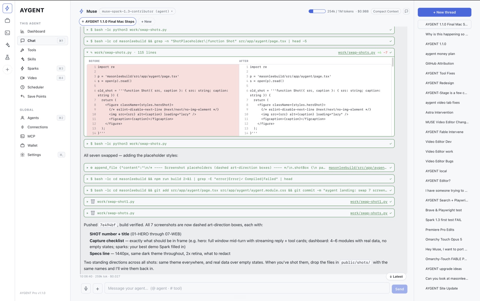 AYGENT Pro mid-task — rail, sidebar, and chat with an agent doing real work.