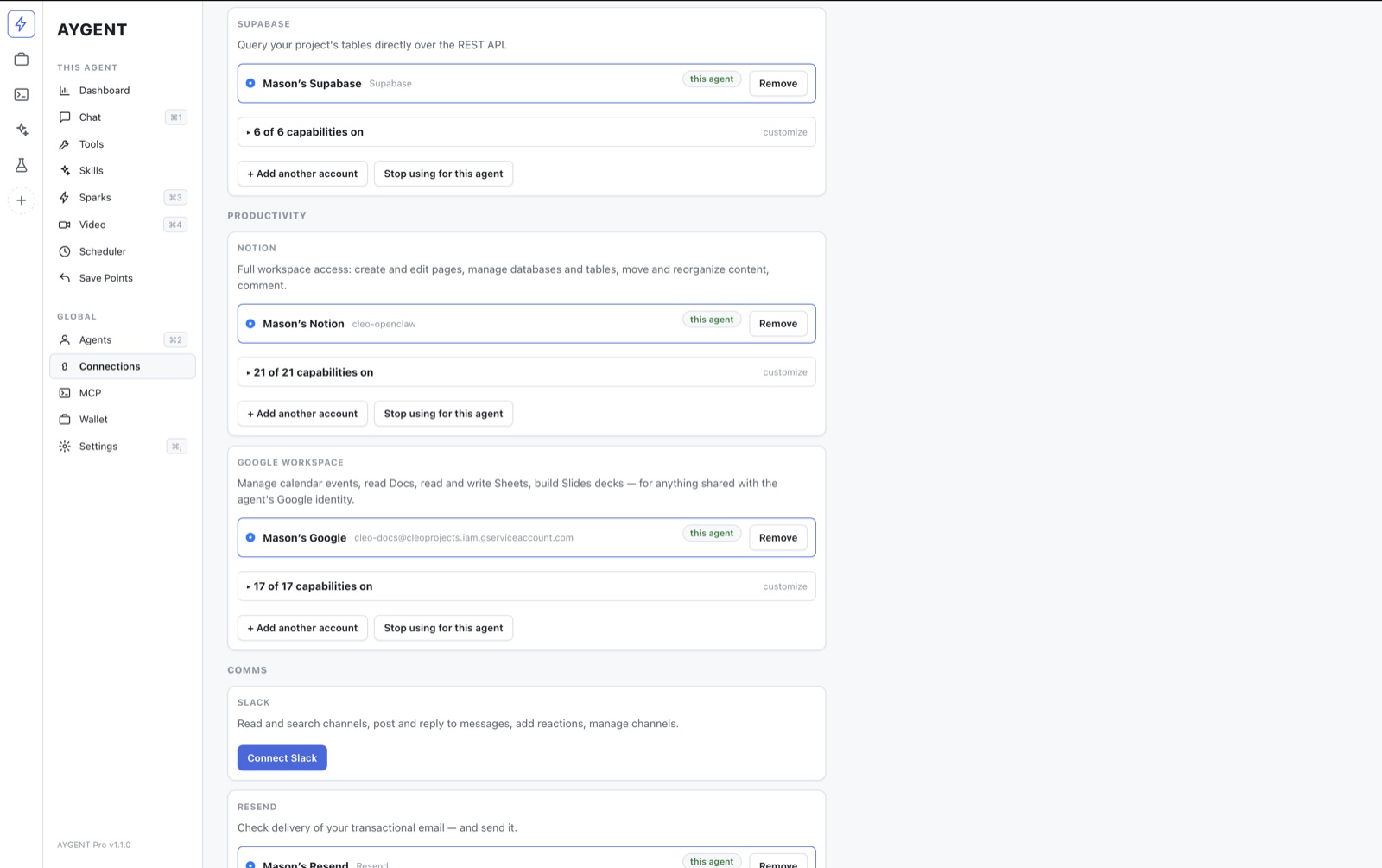 94+ tools with per-agent switches — the agent only gets what you grant it.